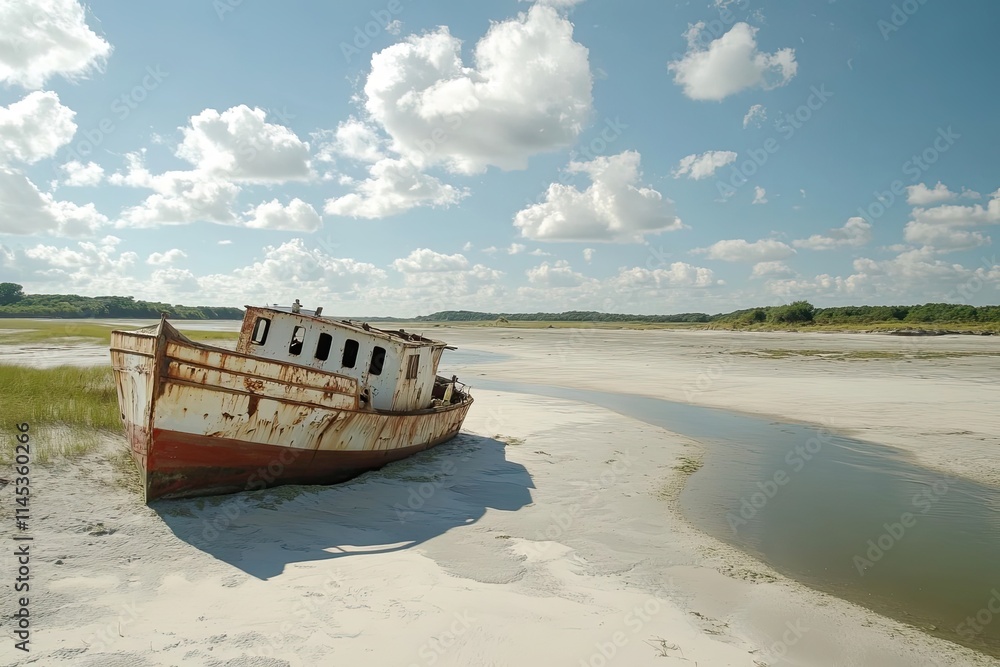 Rusted Shipwreck Stranded on Sandy Shore Under Cloudy Sky Rusted Shipwreck Stranded on Sandy Shore Under Cloudy Sky
