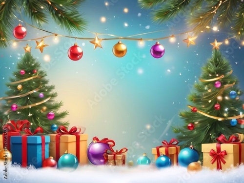Christmas greeting holiday card template banner design with place for text. Christmas tree, balls, gift boxes, stars, ribbons and light. Merry Christmas and Happy New Year 2025