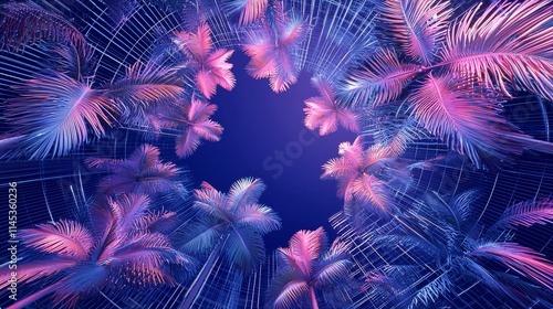 Neon palm trees circle, vibrant pink and blue, futuristic.
