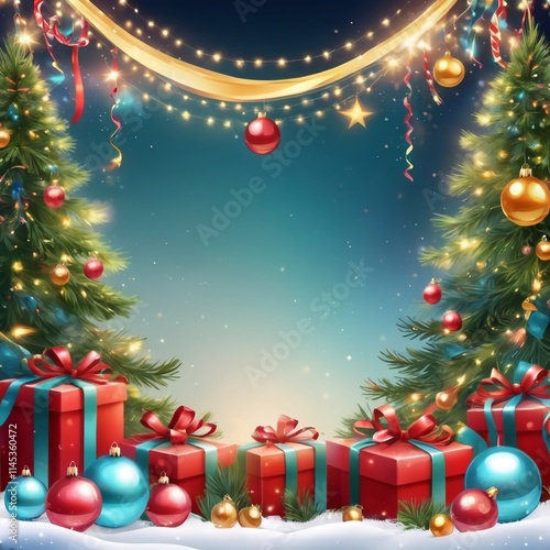 Christmas greeting holiday card template banner design with place for text. Christmas tree, balls, gift boxes, stars, ribbons and light. Merry Christmas and Happy New Year 2025