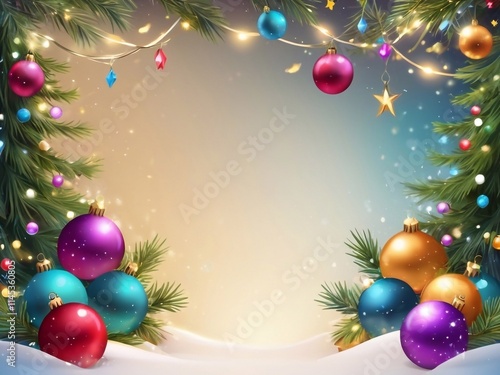 Christmas greeting holiday card template banner design with place for text. Balls on Christmas tree branch, stars, ribbons and light. Merry Christmas and Happy New Year 2025