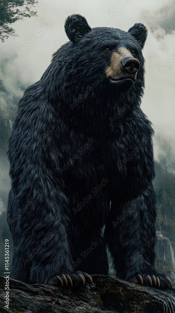 Fototapeta premium Majestic Black Bear Stands on Rocky Outcrop in Misty Forest