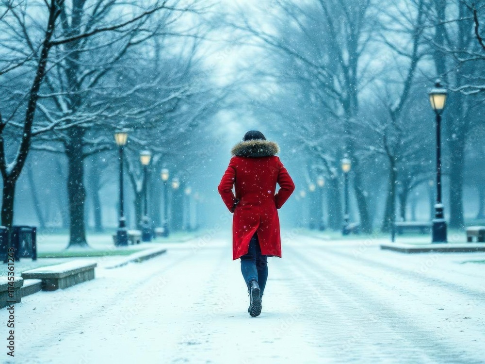 female loneliness, a woman in a red coat walking alone in a winter park during a snowfall female loneliness, a woman in a red coat walking alone in a winter park during a snowfall