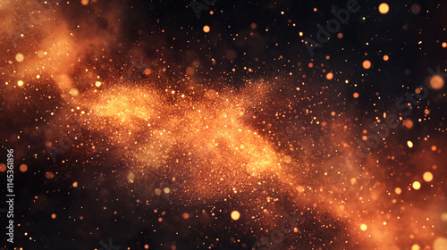 Dramatic Orange and brown Dust Cloud with randomized floating particles, Golden Sand Explosion on Dark texture, Elegant golden dust floating through the darkness of space with various small particles.