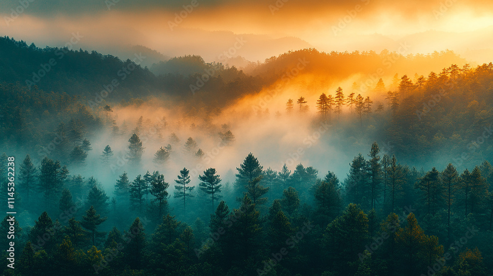 Fototapeta premium Misty mountains bathed in warm orange and yellow hues at sunset, symbolizing tranquility and the beauty of nature's chaos, a perfect high-definition phone wallpaper to evoke peace and awe