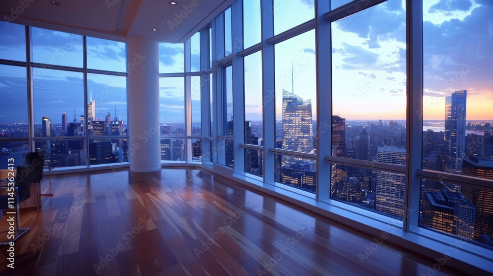 Modern High-Rise Apartment with Stunning City Skyline at Sunset Modern High-Rise Apartment with Stunning City Skyline at Sunset