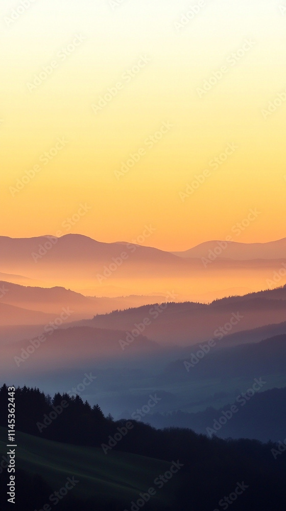 Misty mountains bathed in warm orange and yellow hues at sunset, symbolizing tranquility and the beauty of nature's chaos, a perfect high-definition phone wallpaper to evoke peace and awe Misty mountains bathed in warm orange and yellow hues at sunset, symbolizing tranquility and the beauty of nature's chaos, a perfect high-definition phone wallpaper to evoke peace and awe