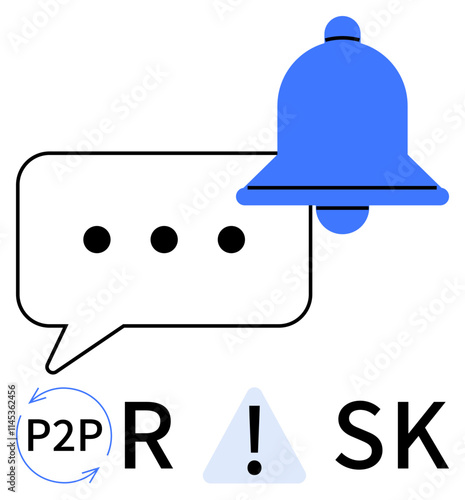 Chat bubble with ellipsis, blue bell icon, P2P symbol, risk triangle, and exclamation mark. Ideal for communication, security alerts, messaging, risk management peer-to-peer networks notifications