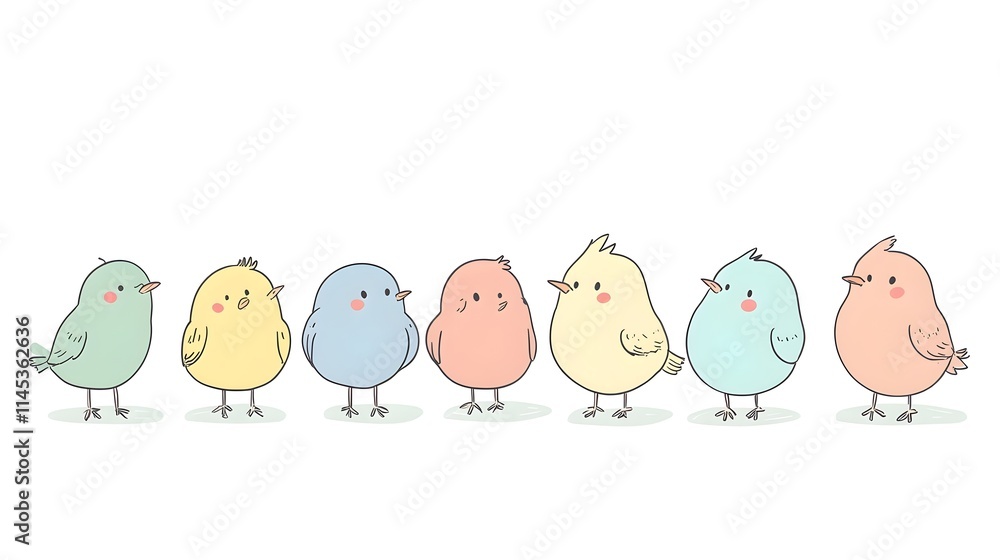 Seven Pastel Colored Birds Stand In A Row Seven Pastel Colored Birds Stand In A Row