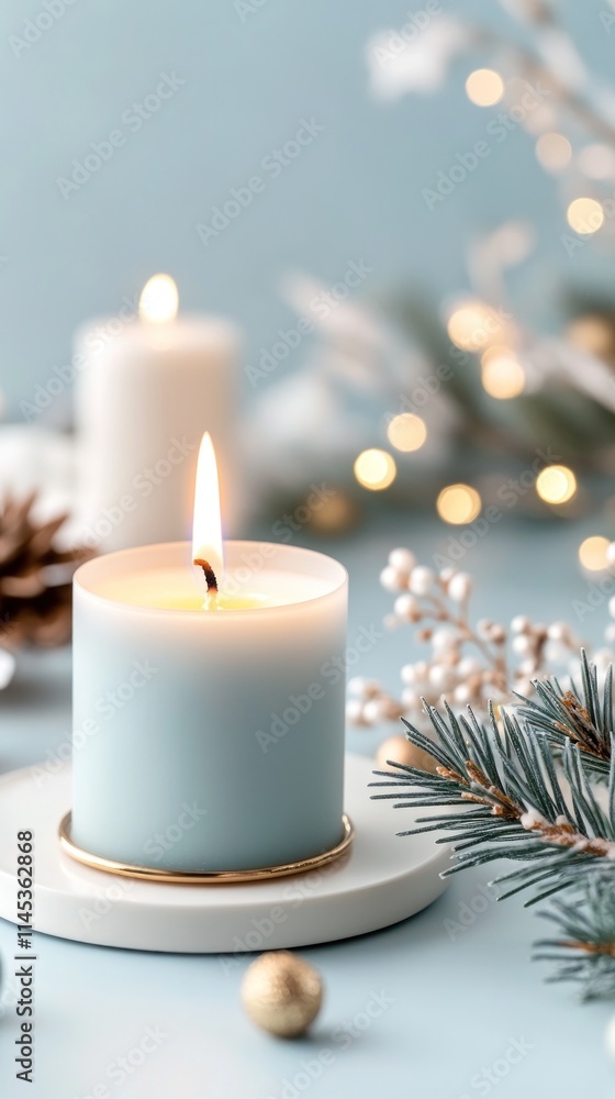 A lit Hanukkah candle stands elegantly in a sleek candlestick surrounded by soft decorations in blue gold and white. The bright background enhances the festive atmosphere inviting warmth A lit Hanukkah candle stands elegantly in a sleek candlestick surrounded by soft decorations in blue gold and white. The bright background enhances the festive atmosphere inviting warmth