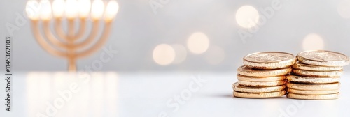 Golden chocolate gelt coins are beautifully arranged on a white surface creating a festive ambiance with a soft-focus menorah glowing in the background perfect for Hanukkah celebrations photo