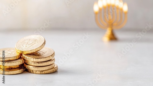 Golden chocolate gelt coins are neatly stacked on a white surface while a soft-focus menorah glimmers in the background. The image captures the festive spirit of Hanukkah celebrations photo