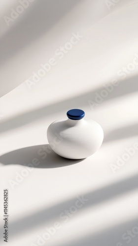 A dreidel spins gracefully on a light smooth surface casting a subtle shadow. Its design features simple blue markings creating a tranquil atmosphere for Hanukkah festivities photo