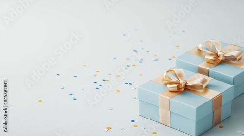 A pair of neatly wrapped blue and gold gift boxes sit elegantly on a white surface. Scattered confetti in blue and yellow enhances the festive atmosphere perfect for Hanukkah festivities photo