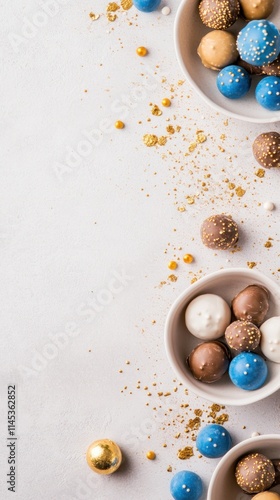 This display features chocolate gelt coins arranged on a light background complemented by a few dreidels. Blue and gold colors create a festive atmosphere perfect for Hanukkah photo