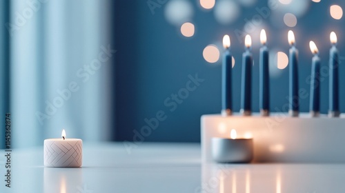 A soft-focus menorah features blue and white candles gently glowing in the background while a single dreidel sits in sharp focus on a white surface capturing the essence of Hanukkah photo