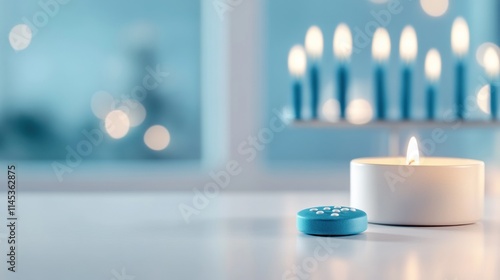 A soft-focus menorah adorned with blue and white candles emits a gentle glow in the background. In sharp focus a single dreidel rests on a white surface symbolizing the spirit of Hanukkah photo