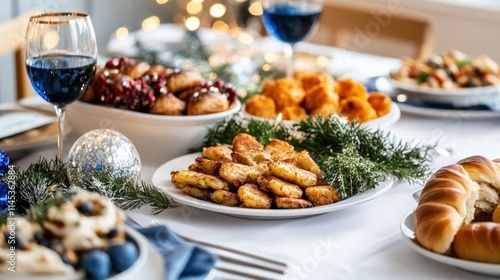 A beautiful table is adorned with a white tablecloth showcasing traditional Hanukkah foods like latkes and challah photo