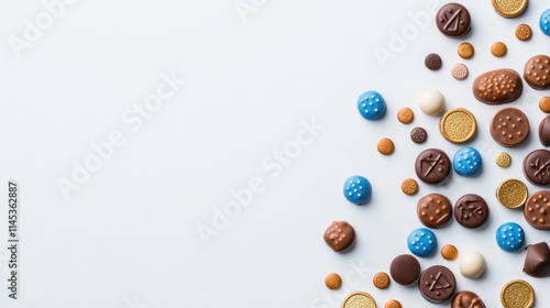 Scattered chocolate gelt coins and colorful dreidels adorn a clean white background creating a festive atmosphere perfect for Hanukkah celebration and traditions photo