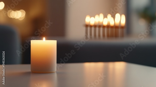 A softly blurred menorah glows warmly in the background while a single candle stands in sharp focus on a clean light surface creating a serene atmosphere for Hanukkah photo