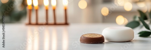 A warm atmosphere is created by a softly blurred menorah with glowing candles in the background while a chocolate gelt coin stands out sharply in the foreground on a clean surface photo