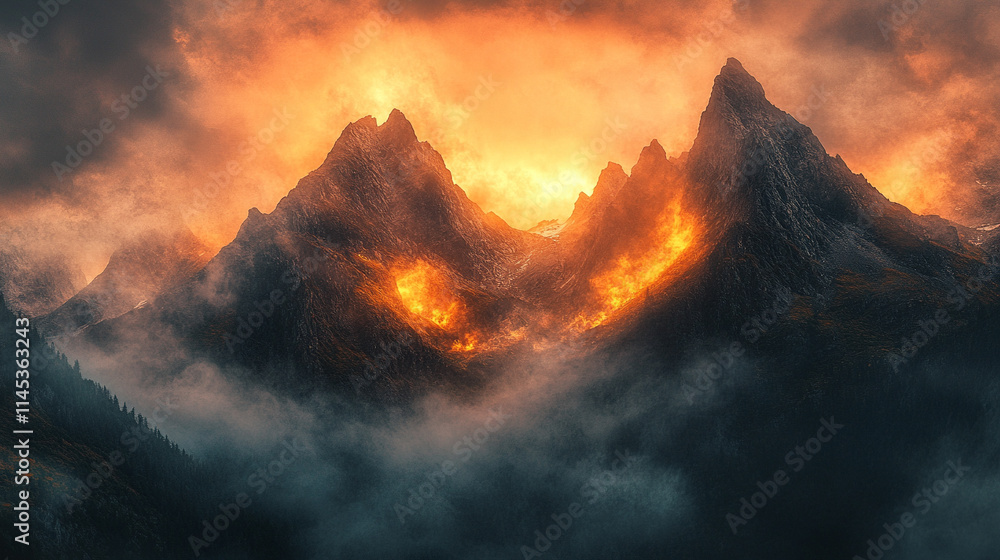 Misty mountains bathed in warm orange and yellow hues at sunset, symbolizing tranquility and the beauty of nature's chaos, a perfect high-definition phone wallpaper to evoke peace and awe Misty mountains bathed in warm orange and yellow hues at sunset, symbolizing tranquility and the beauty of nature's chaos, a perfect high-definition phone wallpaper to evoke peace and awe