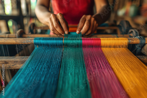 Close-up of hands skillfully weaving vibrant multicolored threads on a traditional loom, showcasing craftsmanship, cultural heritage, and artistry. photo