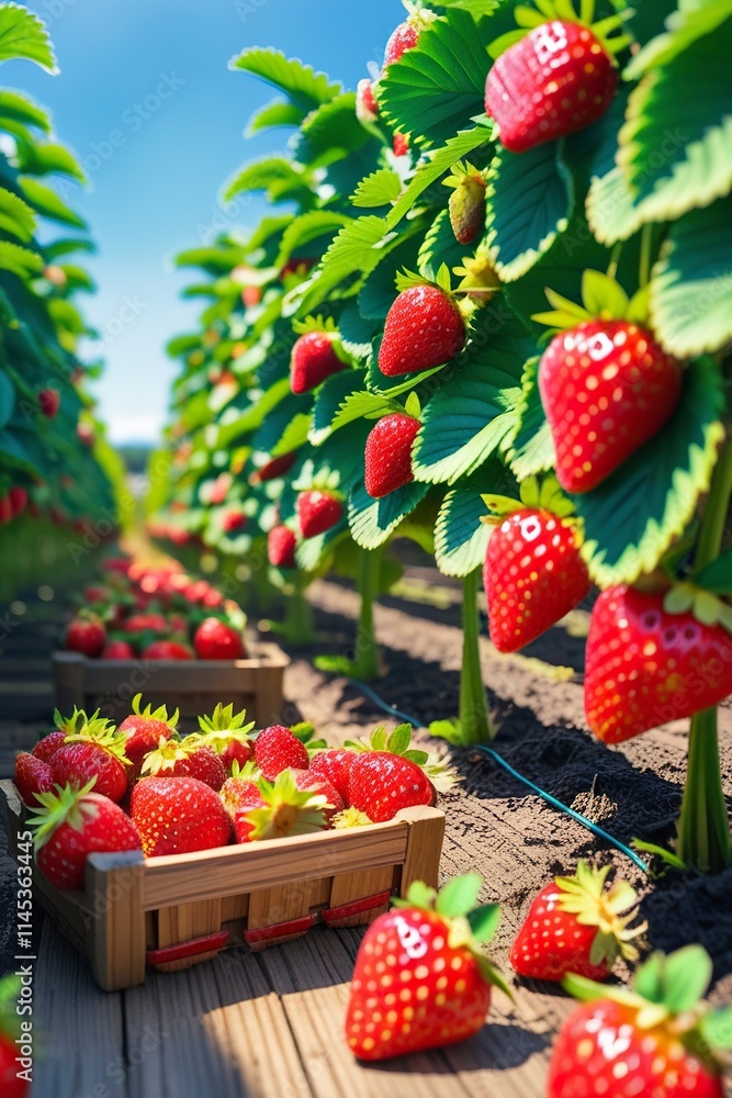 A lush strawberry farm with rows of vibrant green plants filled with ripe, red strawberries glistening under the sunligh A lush strawberry farm with rows of vibrant green plants filled with ripe, red strawberries glistening under the sunligh