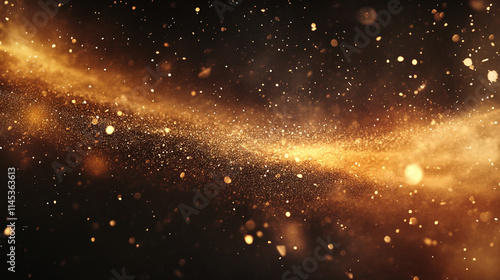 Dramatic Orange and brown Dust Cloud with randomized floating particles  Golden Sand Explosion on Dark texture  Elegant golden dust floating through the darkness of space with various small particles.