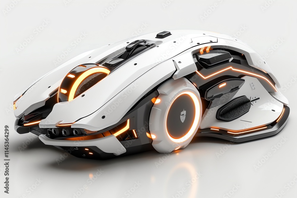 Futuristic white computer mouse with orange accents.