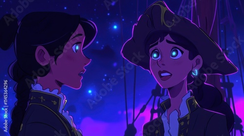 Two dark-skinned women with glowing blue eyes gaze at a starry night sky. They wear dark uniforms with gold accents and the one on the right wears a captain's hat. photo