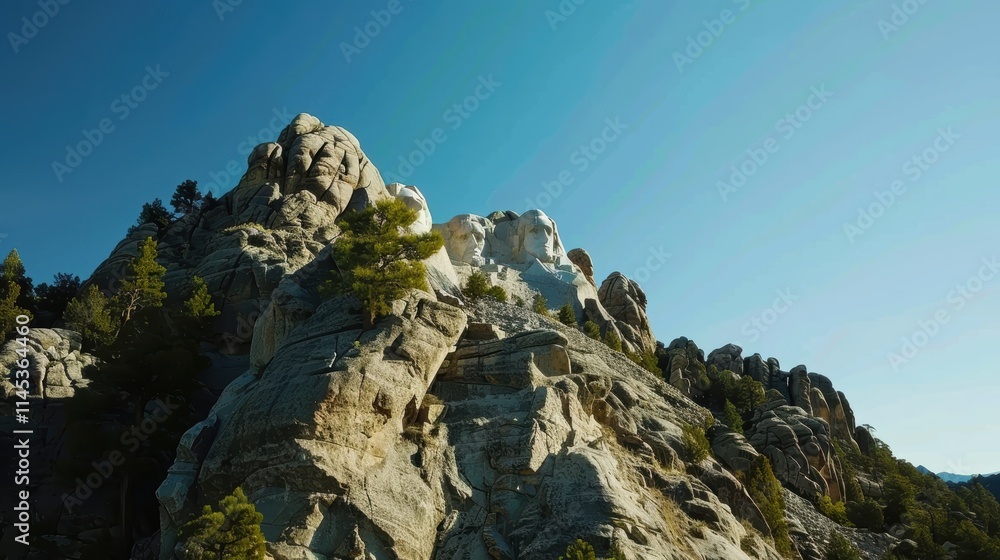 Majestic Mountain View with Carved Faces on Rocky Summit Majestic Mountain View with Carved Faces on Rocky Summit