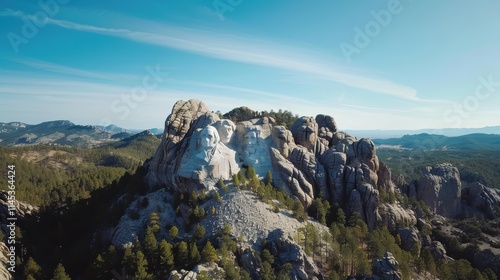 Majestic Mountain Landscape with Stone Carvings Against Clear Sky