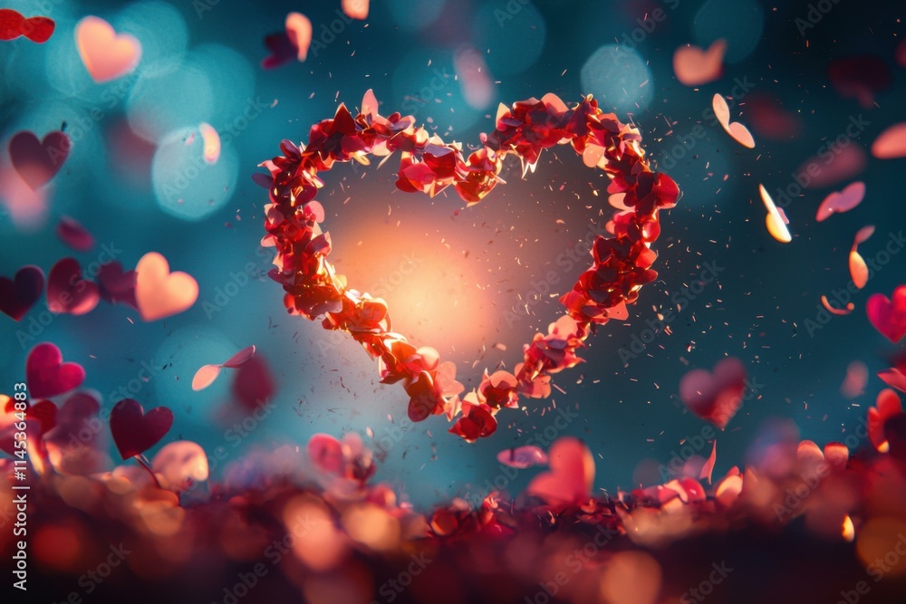 Romantic heart-shaped confetti on a colorful celebration background Romantic heart-shaped confetti on a colorful celebration background