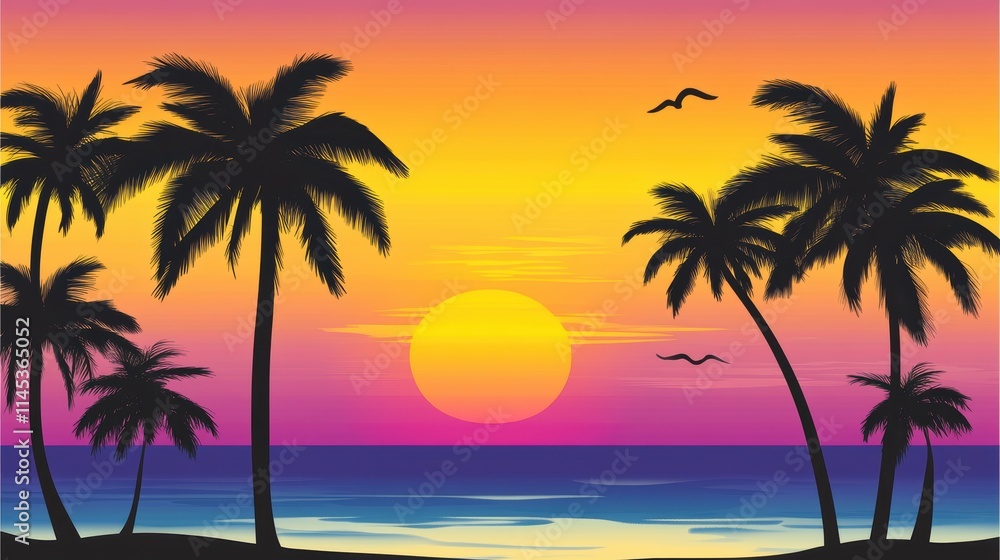 Vibrant Sunset Over Tropical Beach with Silhouetted Palm Trees Vibrant Sunset Over Tropical Beach with Silhouetted Palm Trees