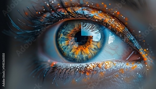 Close-up of a woman's eye, showcasing intricate details and vibrant colors.  The image is digitally enhanced, with sparkling textures around the eye. photo