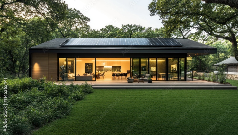 Modern Home with Solar Panels and a Lush Lawn Modern Home with Solar Panels and a Lush Lawn