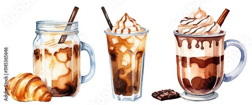 Watercolor hand drawn painting of a hot and cold coffee beverage. Iced macchiato with cream in glass, cacao cup with whipped cream and slice chocolate and iced latte isolated on white background