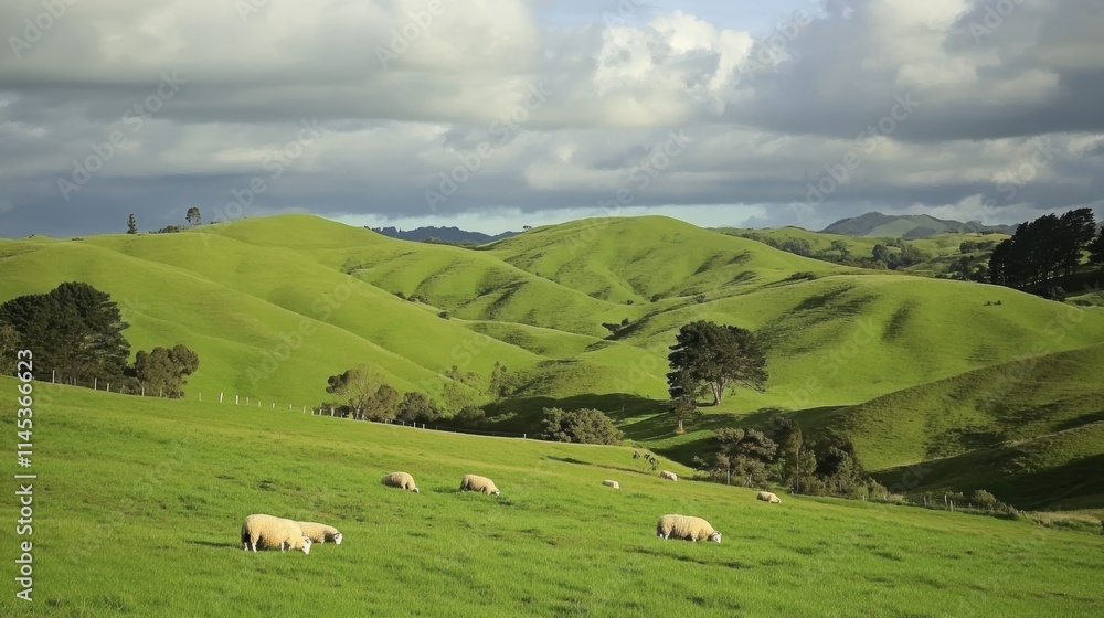 Fototapeta premium Lush Green Rolling Hills with Grazing Sheep Under Cloudy Sky