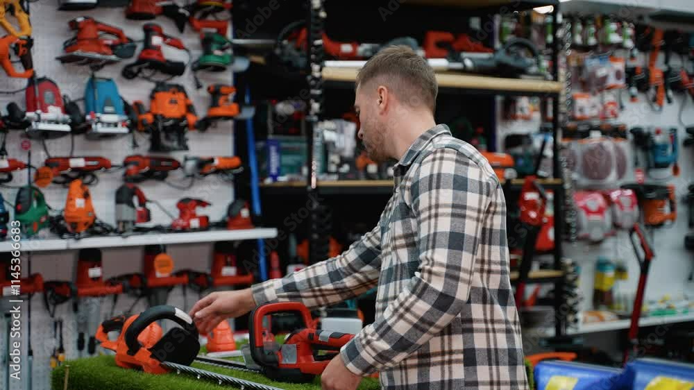 Gardener Selecting a Hedge Trimmer in a Tool Store Gardener Selecting a Hedge Trimmer in a Tool Store