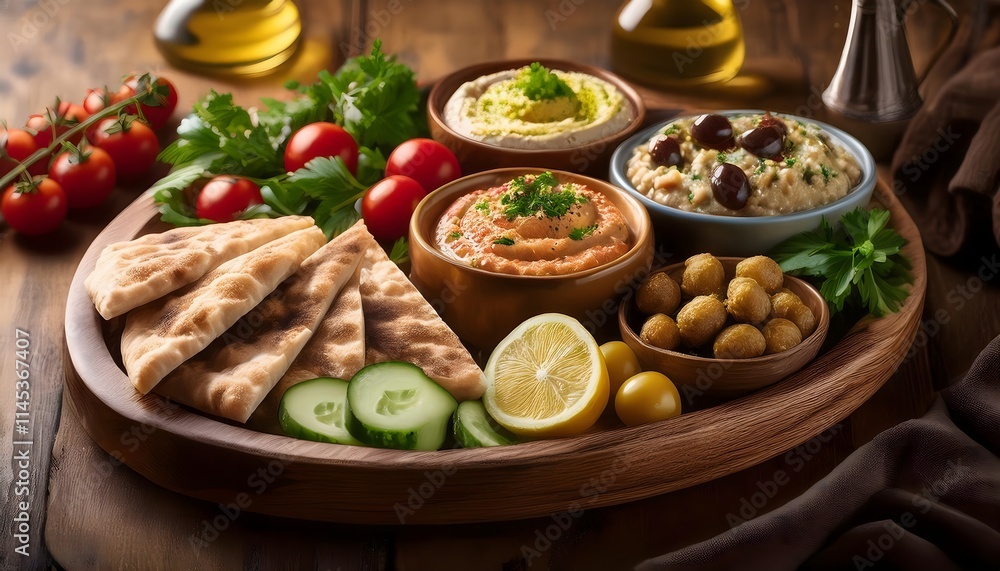 A beautifully arranged Mediterranean platter featuring hummus, pita bread, falafel, tabbouleh salad, cherry tomatoes, cucumber slices, olives, and a drizzle of olive oil A beautifully arranged Mediterranean platter featuring hummus, pita bread, falafel, tabbouleh salad, cherry tomatoes, cucumber slices, olives, and a drizzle of olive oil