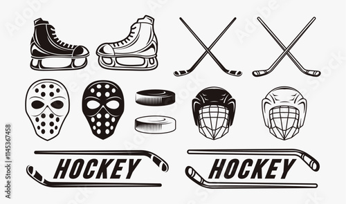 Set of vintage hockey equipment vector icon on white background