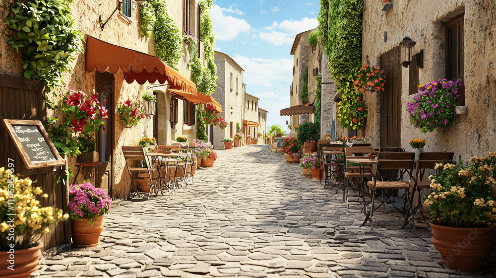 Fototapeta premium Charming Cobblestone Street in a Mediterranean Village