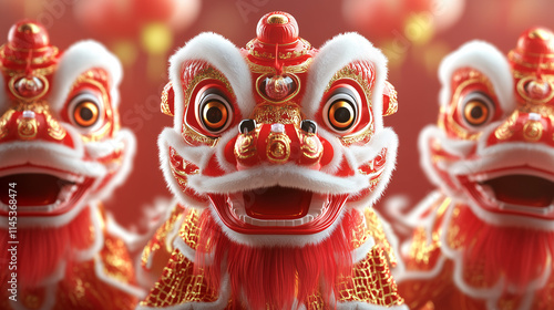 Festive Chinese lion dance parades illustrated in bold red and gold costumes, ideal for celebrations, cultural posters, and traditional themes photo