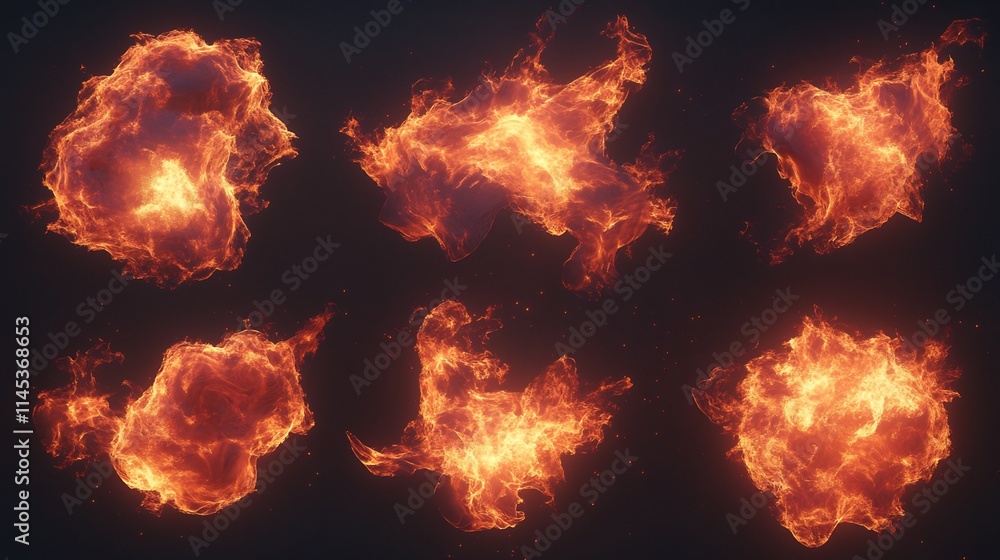 Fototapeta premium Eight fiery orbs, various shapes and sizes, isolated on black background.