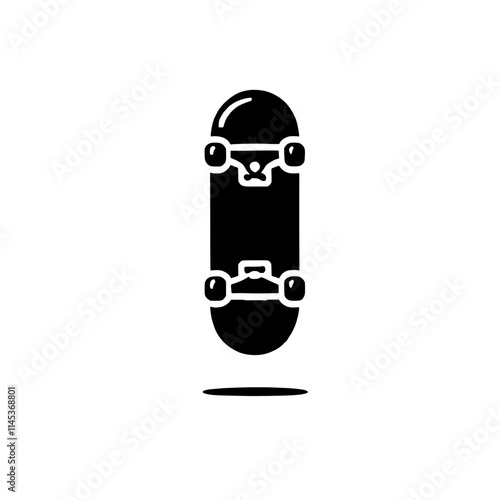 Skateboard Icon: Simple and bold, a skateboard icon in black and white with a drop shadow, perfect for branding, websites, and social media.