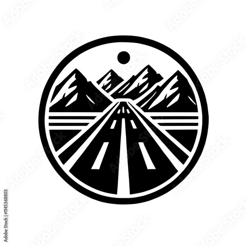 Road to the Mountains: A circular, minimalist graphic design, with a road leading towards mountain peaks.  The sun peeks over the mountain range in this black and white illustration. 