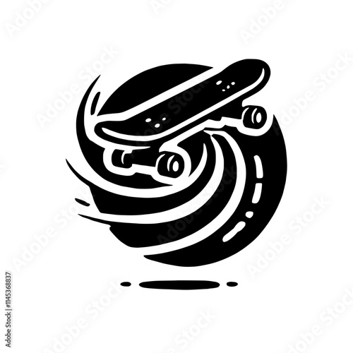 Skateboarding Symbol: A bold, black and white illustration of a skateboard soaring through a stylized swirl, evoking speed, motion, and freedom.