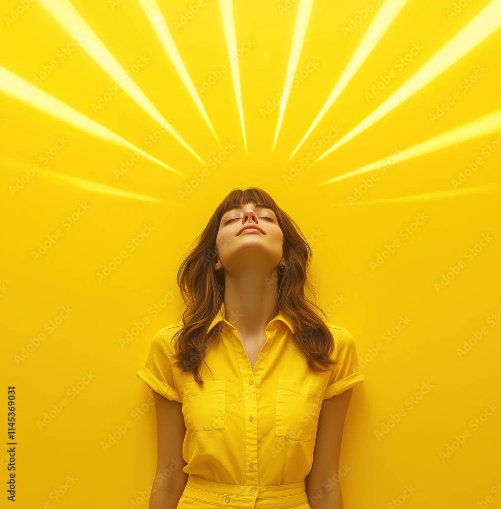 Elegant Woman in Yellow Outfit Against Vibrant Yellow Backdrop with Sunray Effects and Warm Ambiance Elegant Woman in Yellow Outfit Against Vibrant Yellow Backdrop with Sunray Effects and Warm Ambiance