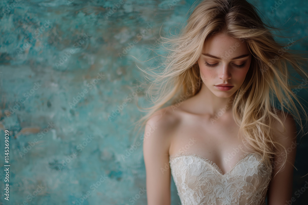 Ethereal Beauty: A Portrait of a Blonde Woman in a Lace Dress, Capturing Romance and Elegance Against a Textured Background Ethereal Beauty: A Portrait of a Blonde Woman in a Lace Dress, Capturing Romance and Elegance Against a Textured Background